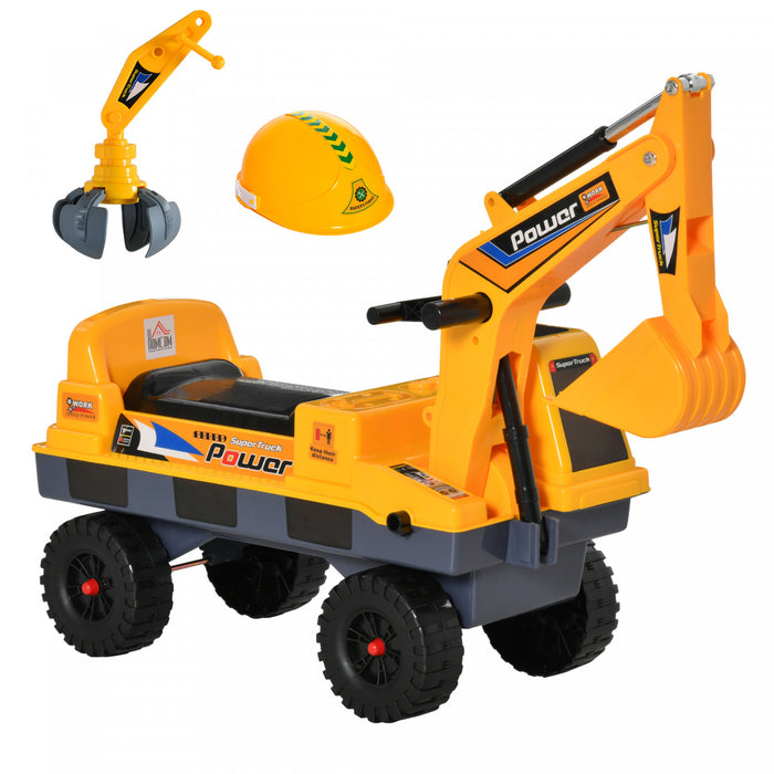 Qaba No Power Ride On Excavator Construction Digger Multi-functional Truck Toy With 2 In 1 Design Detachable Digging Bucket And Grab Bucket, Music, Light, Yellow