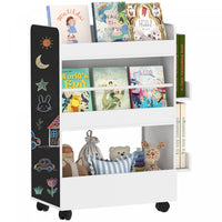 Qaba Kids Bookshelf with Wheels, Double-Sided Book Rack Display with Blackboard, Kids Bookcase Toy Storage Organizer for Nursery, Playroom, Classroom, for 3-8 Years, White