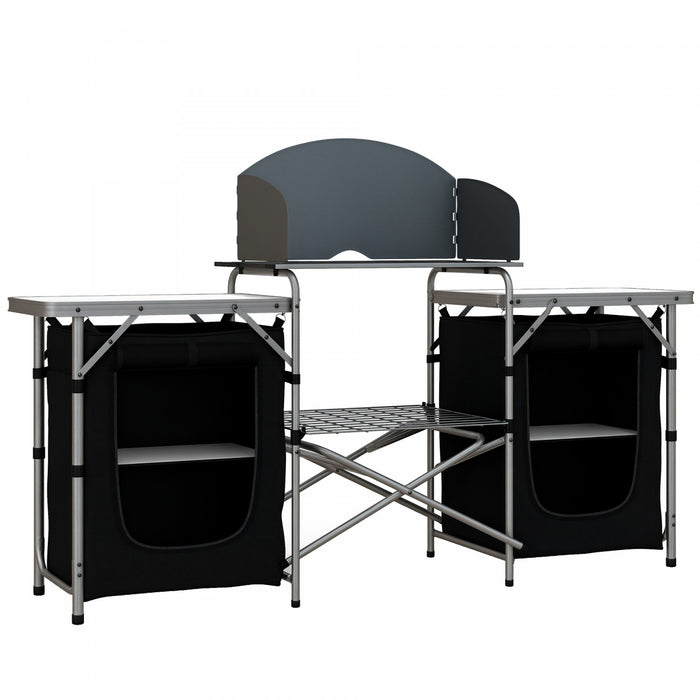Outsunny Camping Kitchen, Folding Camping Table Storage Unit with Windshield, Cupboards and Carrying Bag, Aluminum Frame, for BBQ Camp Party Picnic