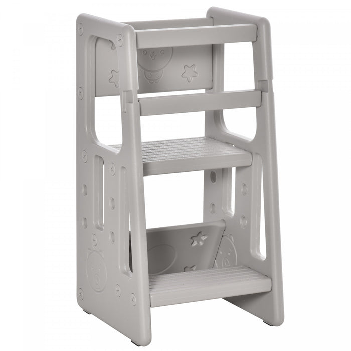 Qaba Toddler Kitchen Helper 2 Step Stool With Adjustable Height Platform And Safety Rail, Grey