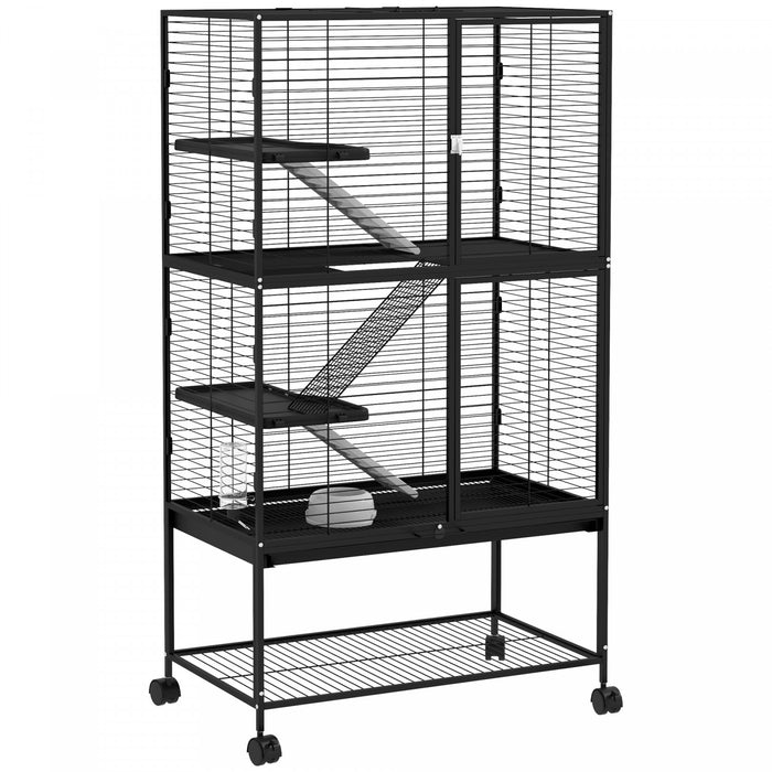 PawHut Guinea Pig Ferret Chinchilla Cage with Wheels, Pet Playpen for Rat, Kitten with Bottom Storage Shelf, Removable Tray, Ramp, 31\" x 18\" x 54\", Black