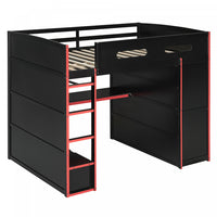 Jerry Wood Loft Bed with Desk and Storage,Full Size,Red Full Bed