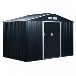 Outsunny 9' X 6' Garden Storage Shed With Floor Foundation, Metal Tool Storage House With Double Doors For Outdoor Patio Yard, Dark Grey
