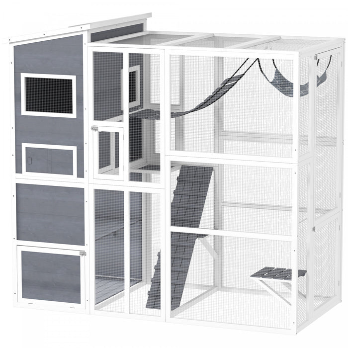 Pawhut Catio Outdoor Cat Enclosure, 76\" L Large Weatherproof Cat House With Cat Condo, Jumping Platforms, Ladder, Ramps, Hammock For 2-3 Indoor Cats, Grey