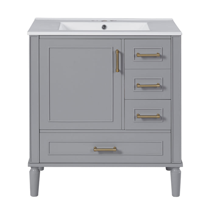 Emerson 30 Inch Bathroom Vanity with Ceramic Sink and Three Drawers, Grey