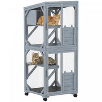 PawHut Catio Outdoor Cat Enclosure, Wooden Cat House on Exercise Wheels Indoor Outdoor, Kitty Cage with Resting Box, Waterproof Roof, for 2 Cats, 25.6