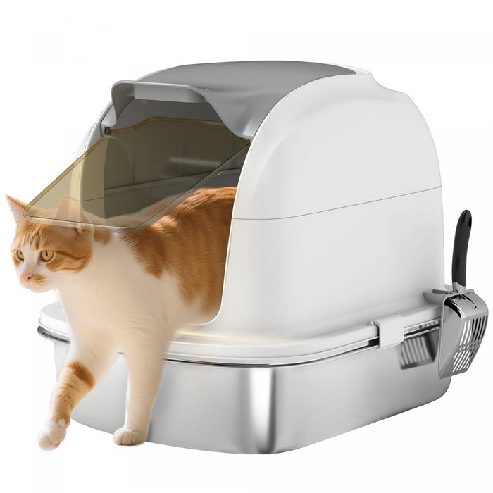 Pawhut Large Stainless Steel Litter Box With Lid, Large Enclosed Cat Litter Box For Cats With Flip Cover, High Sided, Scoop, Odor Free, Easy Cleaning, Anti-urine Leakage