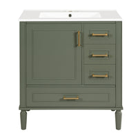 Emerson 30 Inch Bathroom Vanity with Ceramic Sink and Three Drawers, Olive Green 