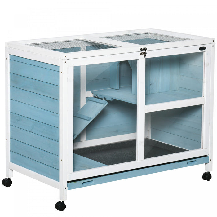 Pawhut Indoor Rabbit Hutch With Wheels, Bunny Cage Guinea Pig House Small Animals Habitat W/ Top Access, Ramp, Pull Out Tray, Blue