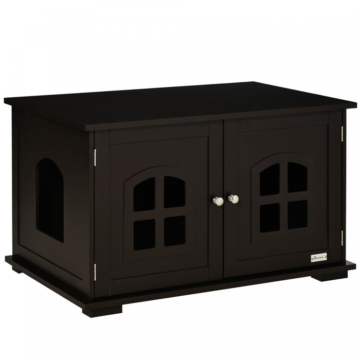 Pawhut Cat Litter Box Enclosure Hidden Cat Furniture Cabinet Indoor Cat Washroom Double-door Nightstand End Table With Cat Hole Window Coffee