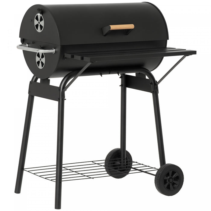 Outsunny 30\" Portable Barrel Charcoal BBQ Grill, Steel Outdoor Barbecue Smoker with 370 Square Inches Cooking Space, Storage Shelf, Wheels for Garden Camping Picnic, Black