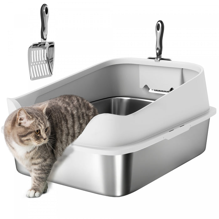 PawHut Cat Litter Box Stainless Steel, High Sided with Metal Litter Scoop, Never Absorbs Odors, Anti Leakage & Easy to Clean, 24\" x 16\" x 12\", Grey