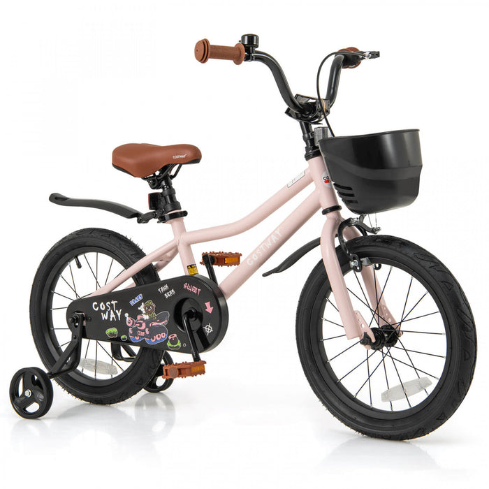 Costway 16\" Kid's Bike With Training Wheels Adjustable Handlebar & Seat Handbrake Pink