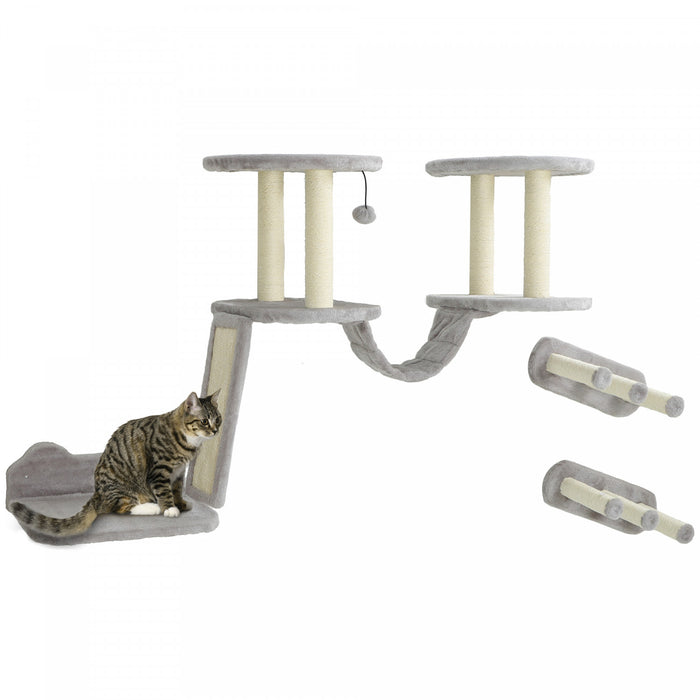 Pawhut Cat Wall Shelves, 3pcs Cat Shelves With Scratching Post, Perches, Ladder, Steps, Scratching Board, Ceiling Wall Mounted Cat Climber, Light Grey