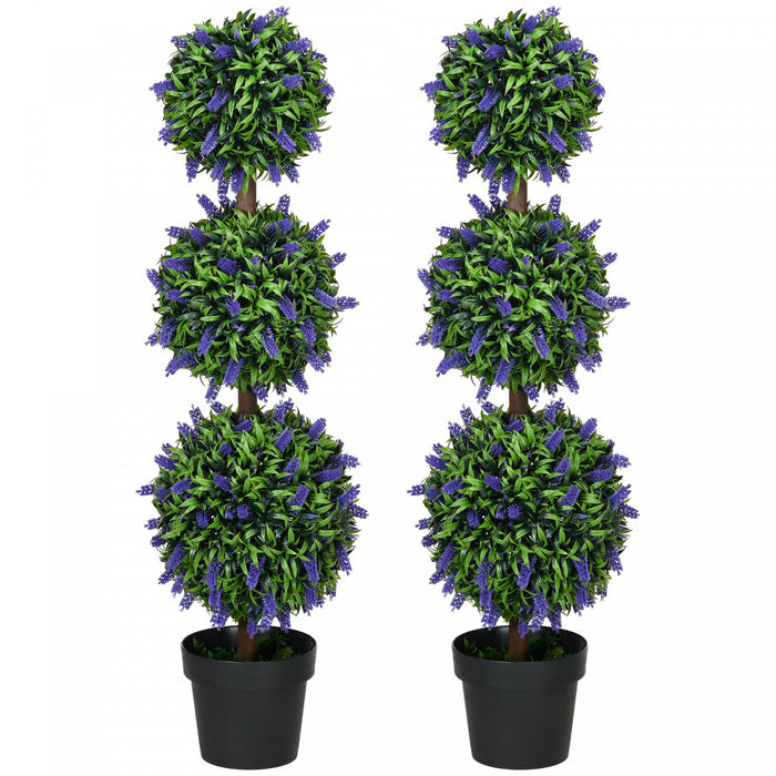 HOMCOM 3.5ft Set of 2 Potted Artificial Plant Ball Tree w/ Lavender Flowers