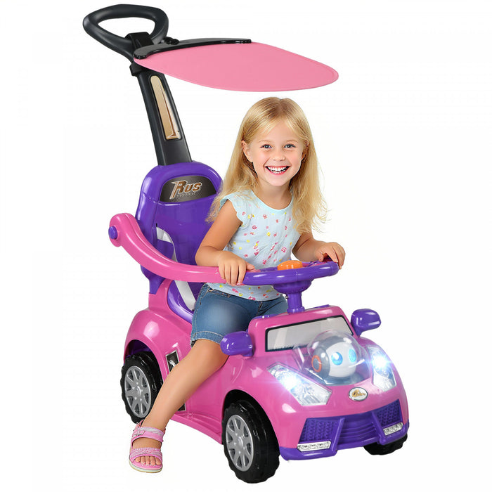 Qaba Push Car, 3 In 1 Kids Ride On Car Toddler Sliding Car With Music, Light, Foot To Floor Baby Car With Handle, Removable Canopy, Safety Guardrail, Horn, Pink