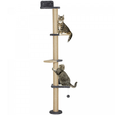 Pawhut Cat Wall Shelves, Cat Wall Furniture With 4 Perch Platforms, Jute Scratching Post And Toy Ball For Indoor Sleeping, Playing, Climbing, Dark Grey