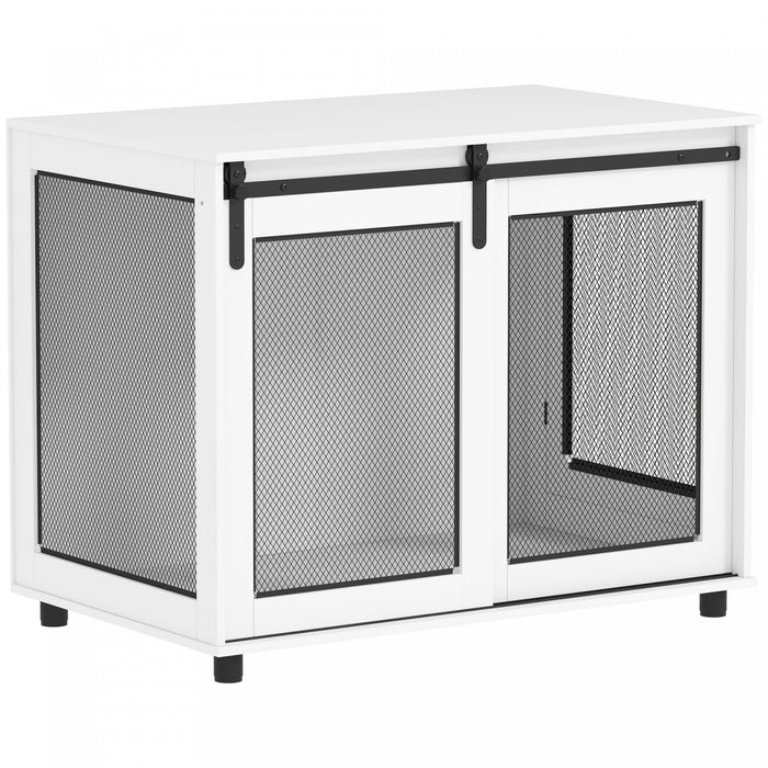 Pawhut Dog Crate Furniture, 39\" Dog Kennel End Table With Sliding Barn Door, Furniture Style Dog Cage For Large Dogs, White