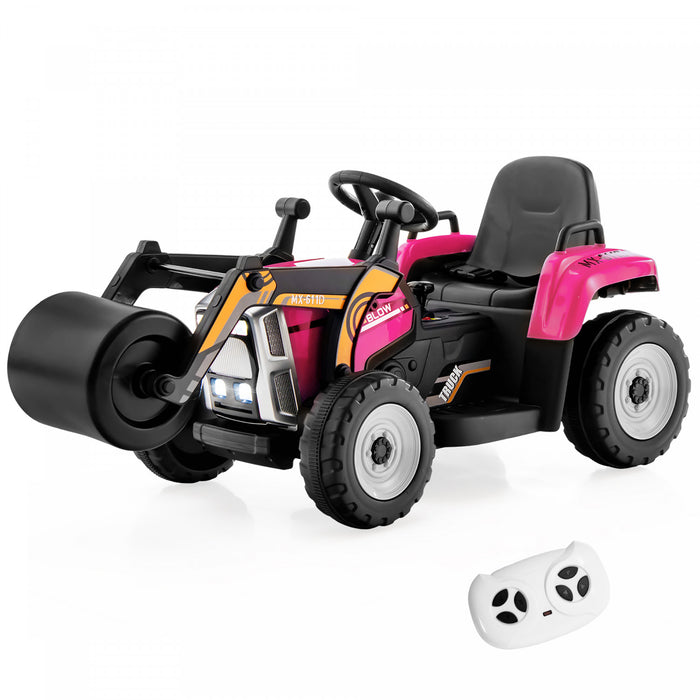 Costway Kids Ride On Road Roller 12v Electric Tractor Remote W/ Music & Led Light Pink