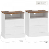 HOMCOM Nightstand with Charging Station Set of 2, White and Oak