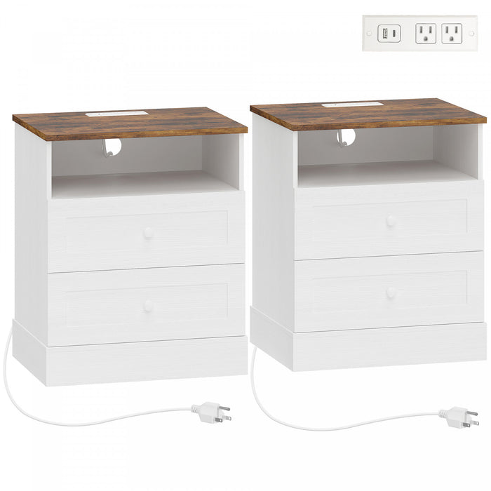 HOMCOM Nightstand with Charging Station Set of 2, White and Oak