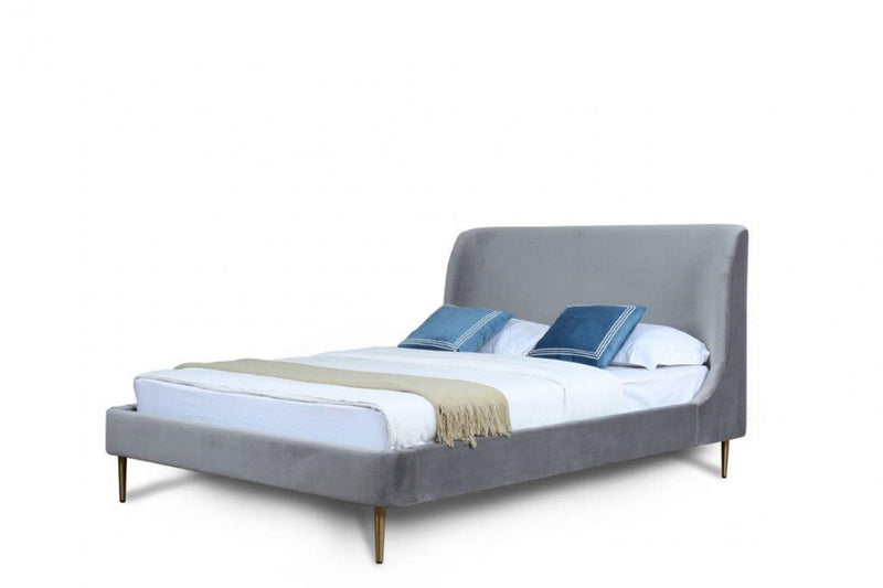 Heather Mid-Century Modern Velvet Upholstered Queen Bed in Gray and Gold