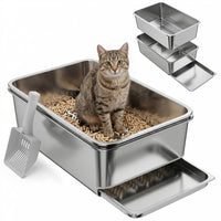 PawHut XL Stainless Steel Cat Litter Box, Sifting Cat Litter Box with Sifting Pan, High Sides for Medium and Large Cats, Non-Sticky, Odour Control, Easy Cleaning, Silver