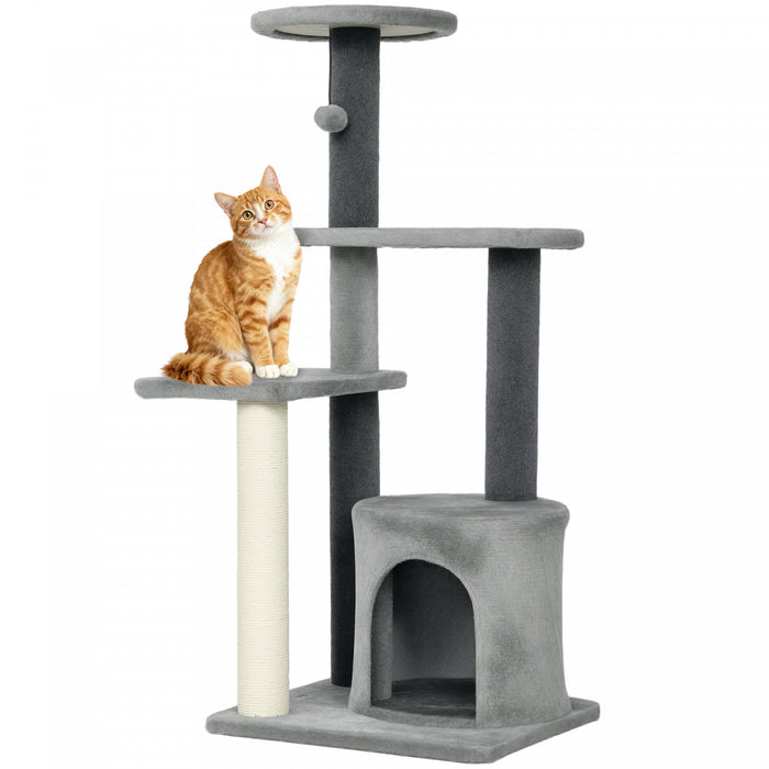 PawHut 41\"H Large Cat Tree for Indoor Kittens and Adults, Cat Tower Multi-Level with Sisal Scratching Post, House, Jumping Platforms, Toy Ball, Grey
