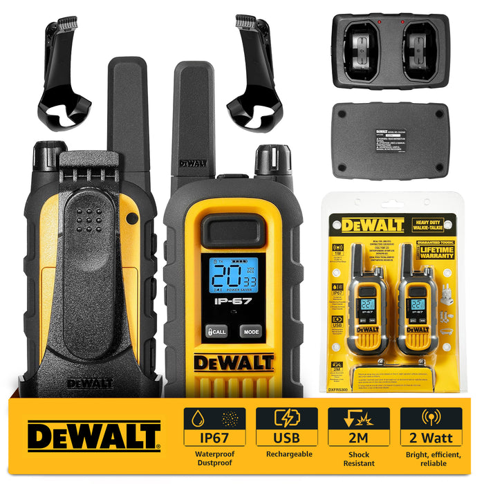 2 Dewalt DXFRS300 Work Site Walkie Talkies - 1 Watt, Heavy Duty, Long Range Indoor-Outdoor Two Way Radios + 22 Channel