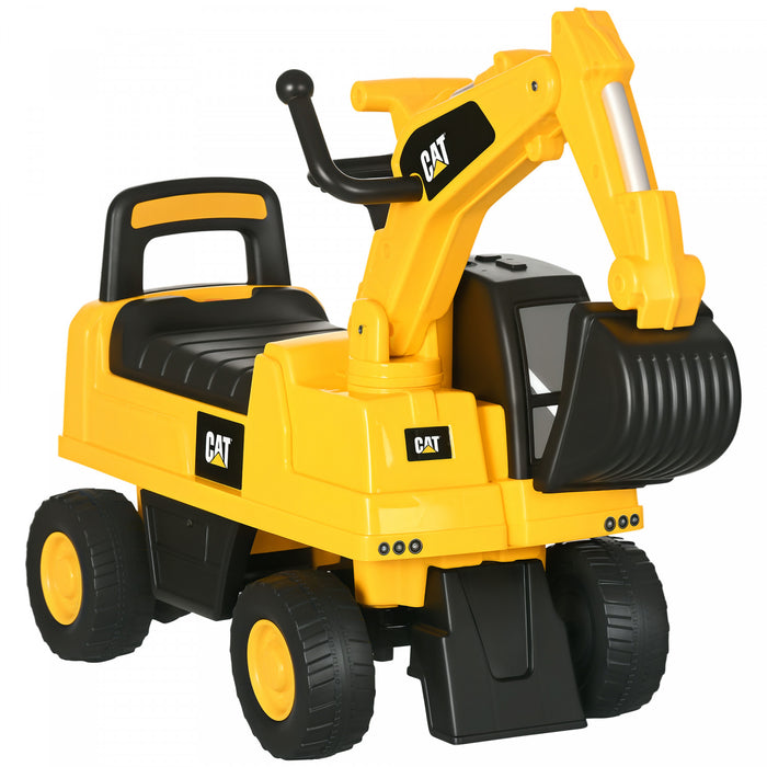 Aosom Ride-On Excavator for Kids, CAT Licensed Kids Manual Pedal Ride on Toy with Manual Shovel, Horn, Hidden Storage for 18-36 Months Boys and Girls, Yellow