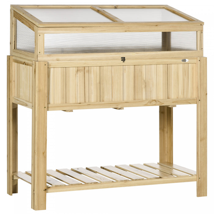 Outsunny Raised Garden Bed With Cold Frame Greenhouse And Storage Shelf, Outdoor Wooden & Pc Elevated Planter Box For Herbs And Vegetables, Use For Patio, Backyard, Natural