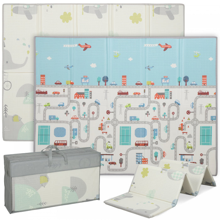 Qaba Baby Play Mat, 79\" x 59\" x 0.4\", Foldable and Reversible Large Foam Playmat, Waterproof & Anti-Slip Portable Baby Floor Mat for Toddlers, Indoor Outdoor Use, Track & Elephant