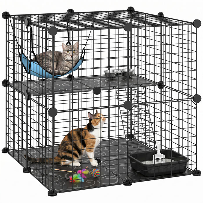 PawHut 2 Tier Cat Cage Crate, DIY Pet Playpen with 2 Doors, Ladder, Hammock, Platform, Indoor Playpen for Kittens, Squirrel, Rabbit, Black