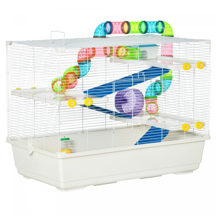 Pawhut 31\" Large Hamster Cage, Small Animal House, Multi-storey Gerbil Haven, Tunnel Tube System, With Water Bottle, Exercise Wheel, Food Dish, Ramps, White