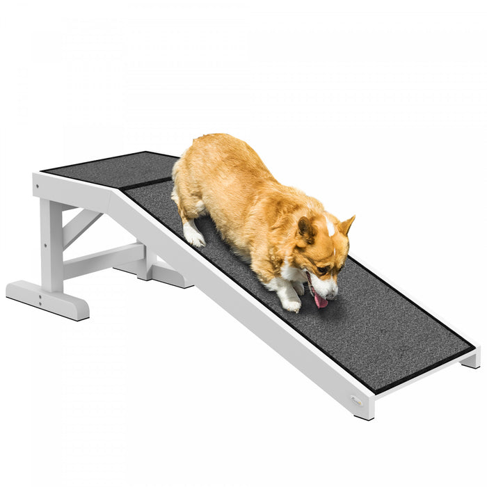 Pawhut Pet Ramp Bed Steps For Dogs Cats Non-slip Carpet Top Platform Pine Wood 49\"l X 16\"w X 14\"h White Grey