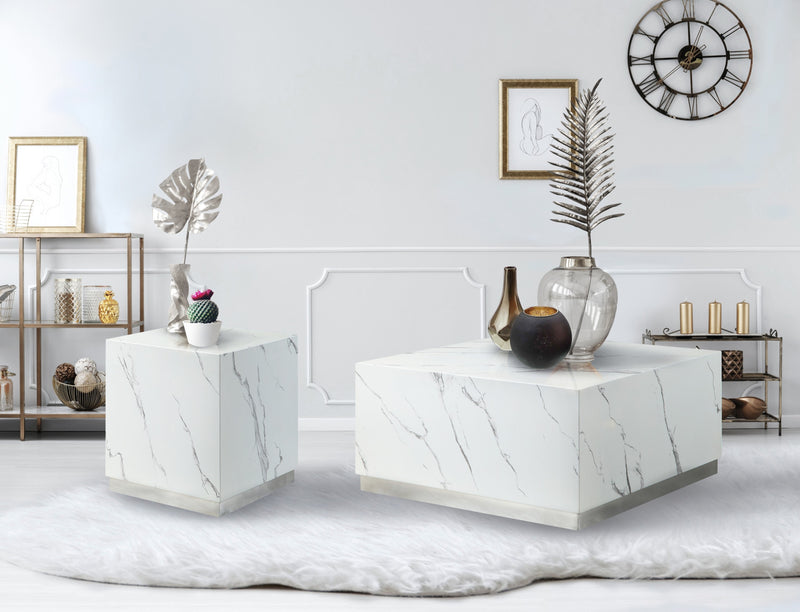 Aphrodite End Table, White Faux Marble & Silver