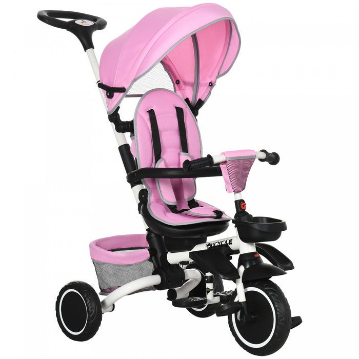 Aosom 6-in-1 Toddler Tricycle, Kids Trike With Rotatable Seat, Adjustable Push Handle, Safety Harness, Detachable Canopy, Semi-reclining Footrest, For 12-50 Months, Pink