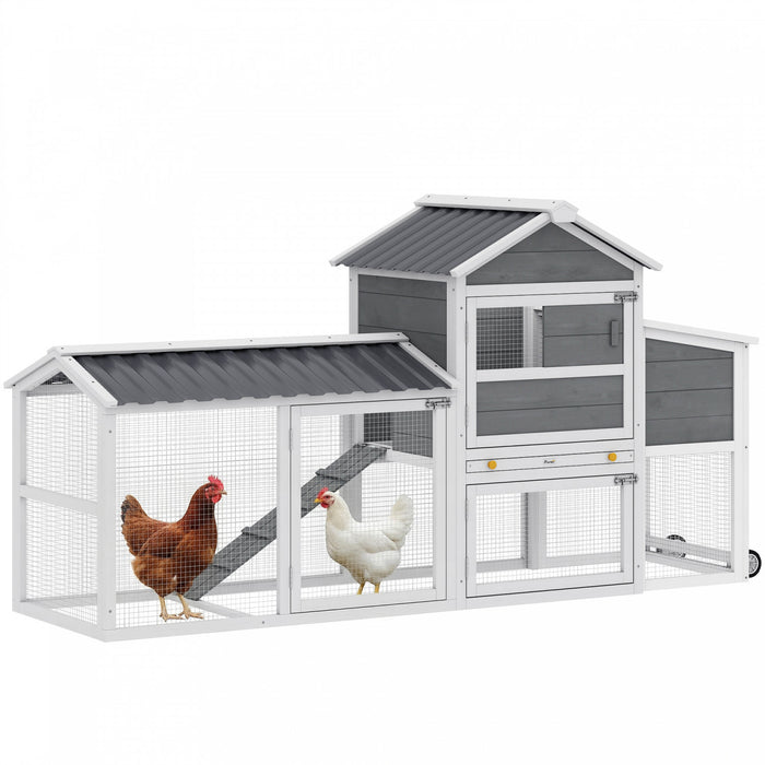 PawHut Chicken Coop with Wheels, 80\" L Wooden Chicken Tractor Outdoor Hen House with Run, Nesting Box, Removable Tray, Ramp, Waterproof Poultry Cage for 2-3 Hens, Grey