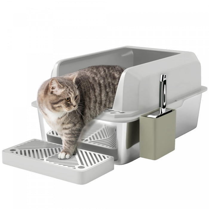 Pawhut Stainless Steel Cat Litter Box, 24\" X 16\" X 11\" Cat Litter Box High Sided Wall, Metal Litter Box With Metal Scoop & Holder, Non-sticky, Easy To Clean, Anti-urine Leakage