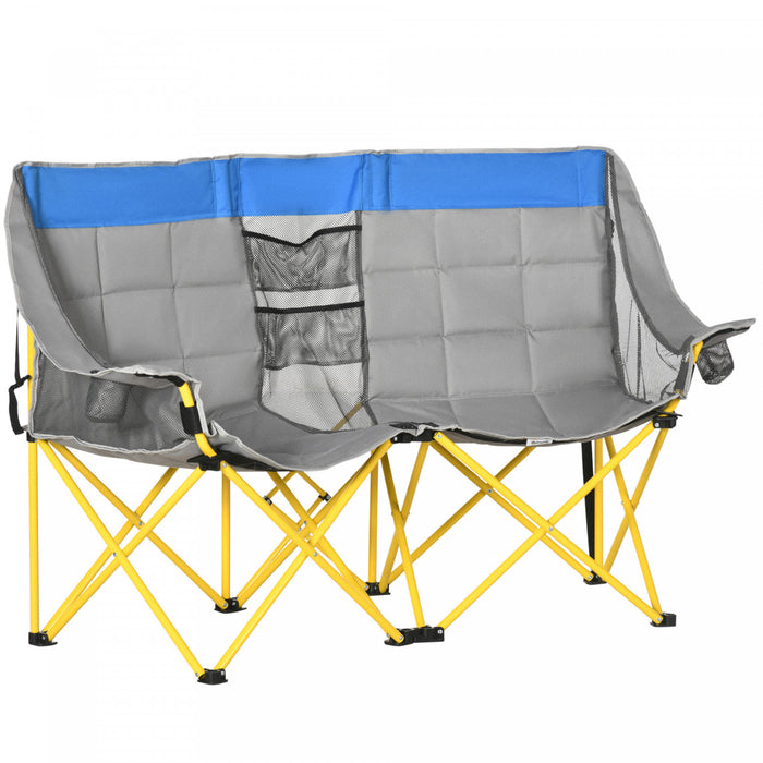 Outsunny 62\" W Double Seat Camping Chair Folding Lawn Loveseat w/ Storage Pocket & Cup Holder Compact in a Bag for Outdoor, Beach, Picnic, Hiking, Travel, Blue