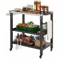 Outsunny Outdoor Kitchen Prep Station, Three-Shelf Stainless Steel Rolling Grill BBQ Cart with Wheels, Pizza Oven Stand, Movable Prep Table with Hooks, Black