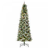 Homcom 7.5' Prelit Flocked Artificial Xmas Tree W/ Pine Cones, Berries