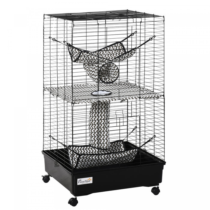Pawhut Small Animal Cage Habitat Pet Play House For Ferret With Wheels Hammocks Tunnels And 3 Doors Black