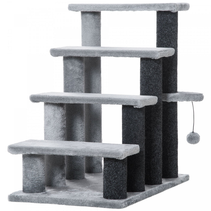 Pawhut Cat Stairs 4 Steps For Bed, Couch With Scratching Posts, Small Cat Tree For Indoor Cats With Toy Ball, 23.5\" X 16\" X 25\"