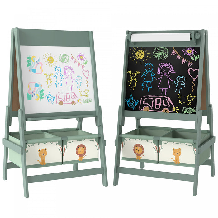 Qaba Art Easel For Kids, 3-in-1 Double-sided Kids Easel With Paper Roll, Whiteboard & Chalkboard, 2 Storage Boxes, Gift For Boys, Girls Ages 3-8, Green