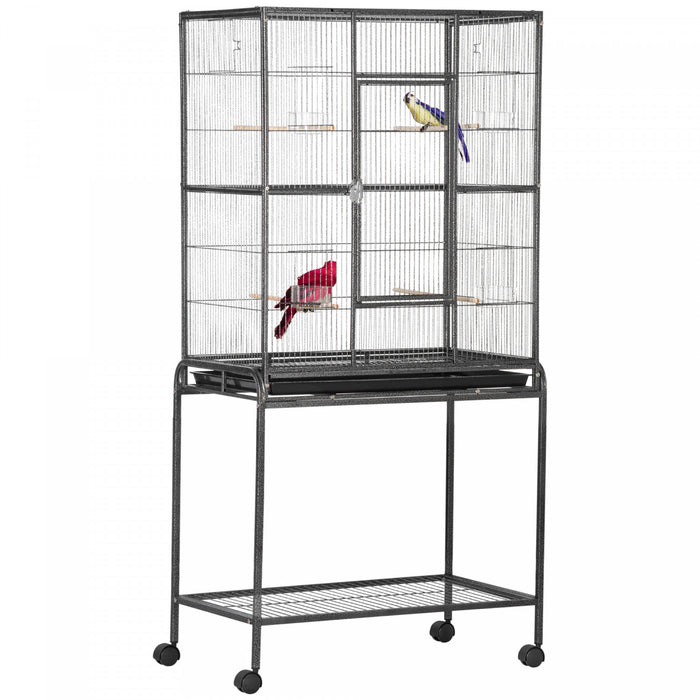 Pawhut 64\" Large Bird Cage, Rolling Metal Parrot Cage, Bird House With Detachable Rolling Stand, Storage Shelf, Wood Perch, Food Container