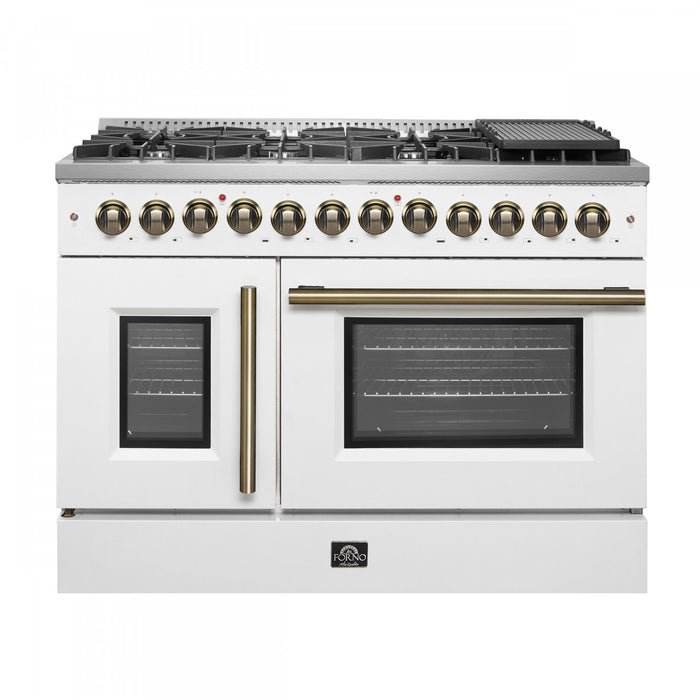 Forno Galiano 48\" French Door Dual Fuel Range,White, 6.58 cu.ft. Double Ovens-FFSGS6356-48WHT
