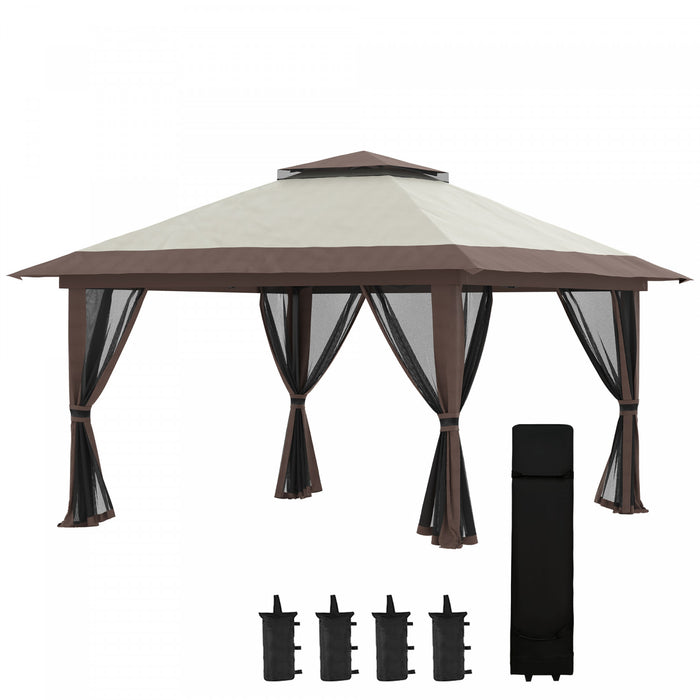 Outsunny 13' X 13' Pop Up Canopy With Mesh Sidewalls, Easy Up Canopy Tent Shelter With 2-tier Roof, Wheeled Carry Bag, Water/sand Bag For Garden, Backyard, Patio, Lawn, Beige