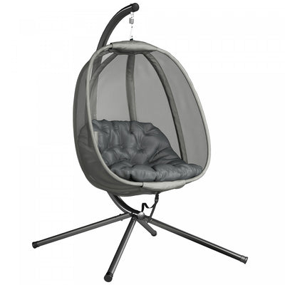 Outsunny Hanging Egg Chair with Stand and Folding Basket, Grey