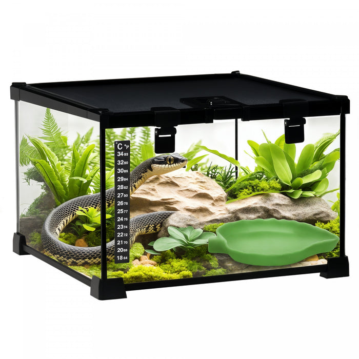PawHut Glass Reptile Terrarium, 12\"x12\"x8\" Jumping Spider Enclosure with Thermometer, Water Basin, Full View Visually for Lizards, Horned Frogs, Snakes, Spiders - Black